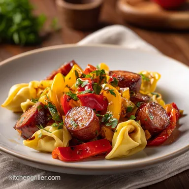 Blackstone Grilled Kielbasa and Tortellini with Bell Peppers Recipe Card