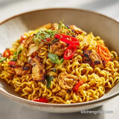 Blackstone Ramen Noodles in 20 Minutes: Crispy Chicken Stir-Fry Recipe Card
