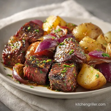 Blackstone Dinner Idea with Steak and Potatoes for 4 Servings Recipe Card