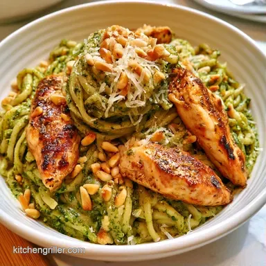 Silky Chicken Pesto Pine Nut Pasta Recipe Card