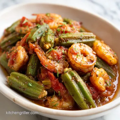 Smothered Okra and Shrimp with Andouille Sausage for 5 Servings Recipe Card