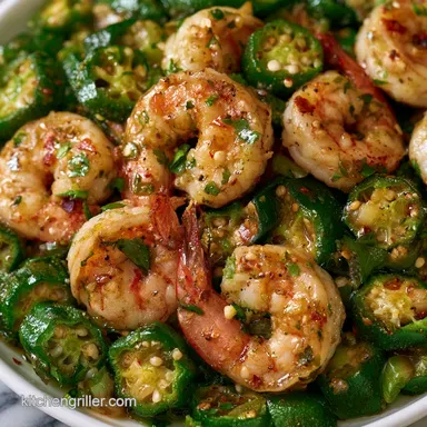 Smothered Okra with Shrimp for 4 Servings Recipe Card