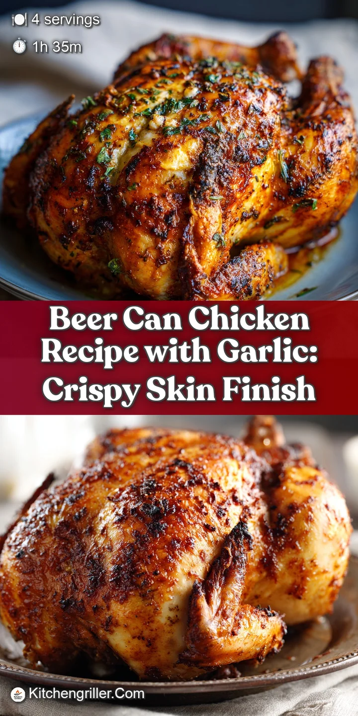 Close-up of beer can chicken skin, roasted to a rich amber color, dotted with herbs and glistening with rendered fat, arom...