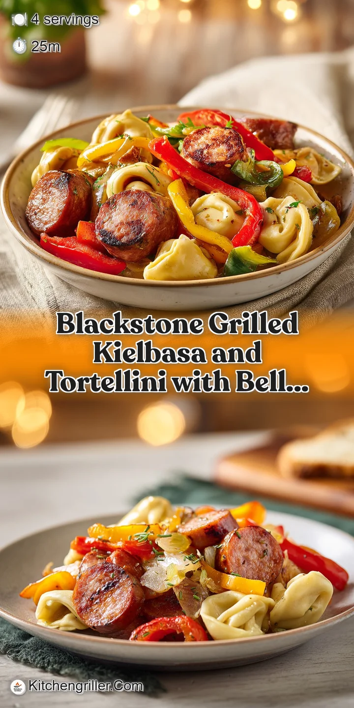 Close-up of juicy kielbasa, plump tortellini, and bright red and green bell pepper pieces, lightly browned.