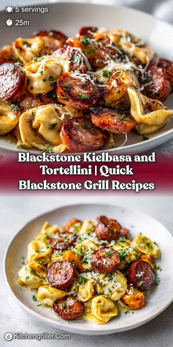 Juicy kielbasa pieces and tender tortellini glistening in a rich, savory sauce with garlic bits.
