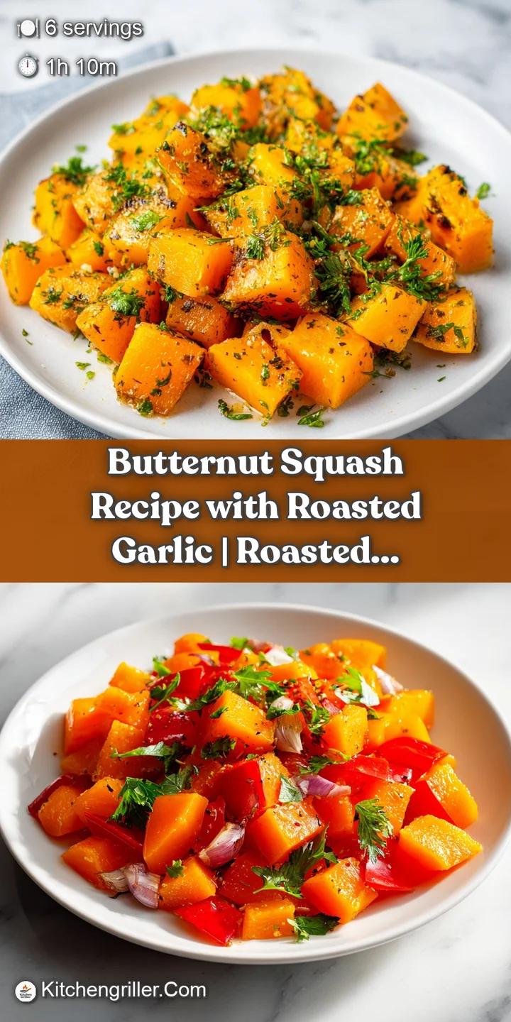 Close-up of sweet, caramelized butternut squash chunks dotted with whole roasted garlic cloves.