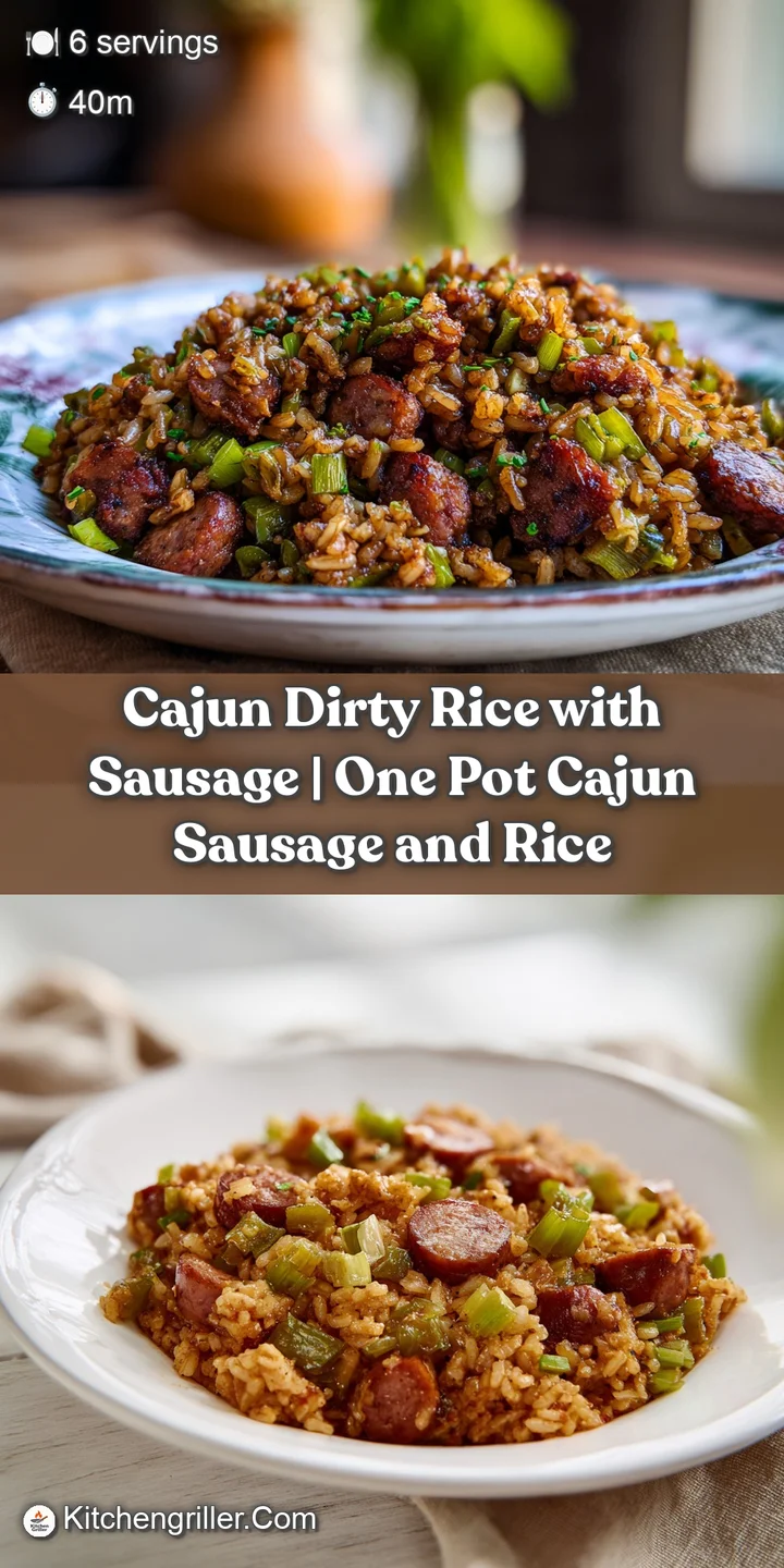 Close-up of fluffy, spiced brown rice mixed with charred sausage bits and tender, saut&eacute;ed colorful bell peppers.