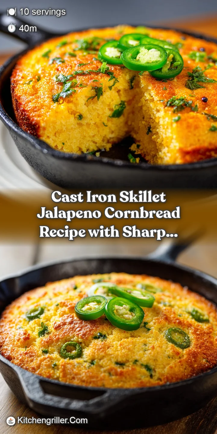 Close-up of golden jalapeno cornbread; soft interior, crisp edges, and bits of green jalapeno pepper peeking through the s...