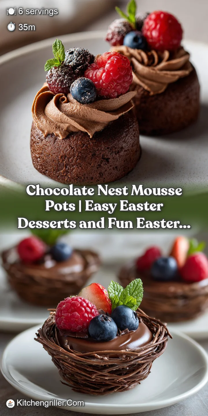 Close-up of velvety smooth chocolate mousse with a glossy sheen, peaking from a crunchy chocolate nest.