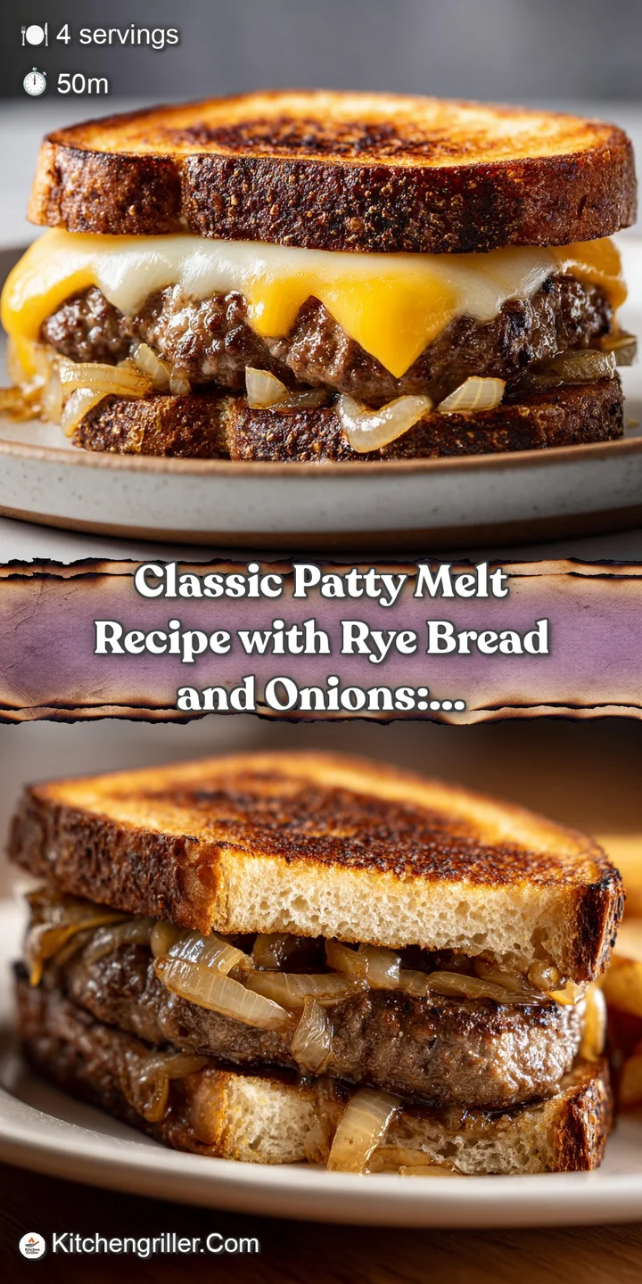 Close-up shot: Shiny, golden-brown rye bread, melted cheese running over a juicy patty, and soft, translucent onions.