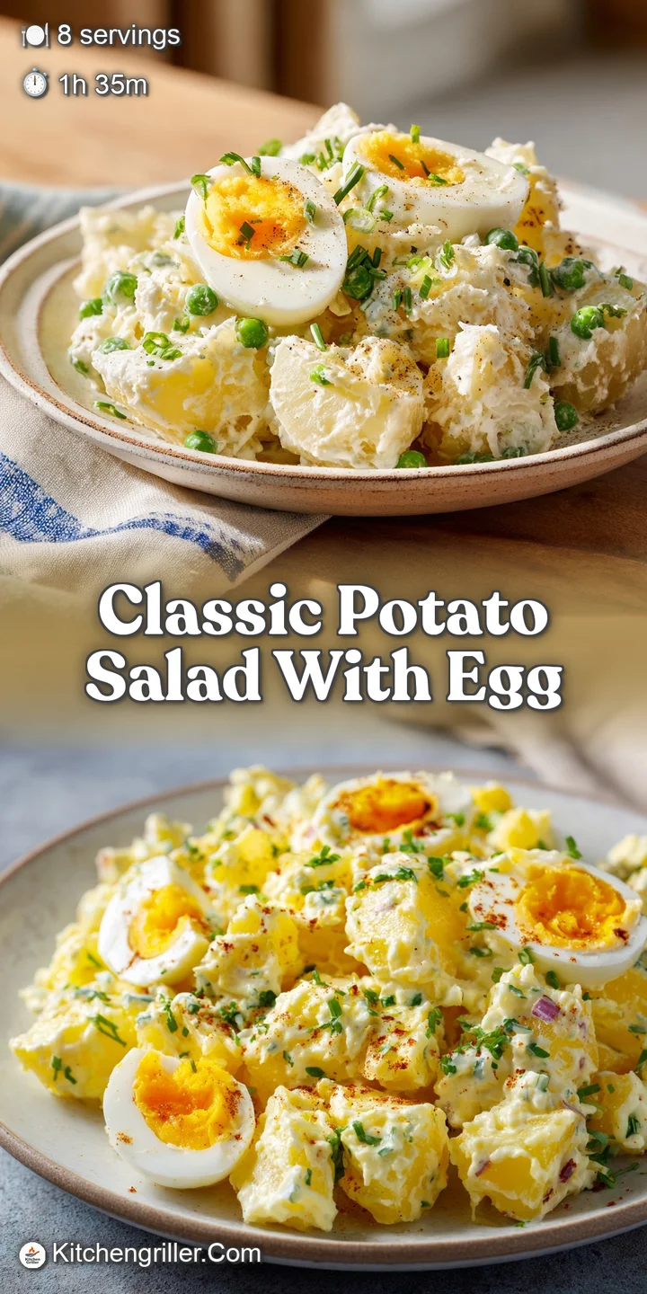 Macro view of tender potato chunks coated in velvety dressing with flecks of black pepper and vibrant yellow egg yolk.