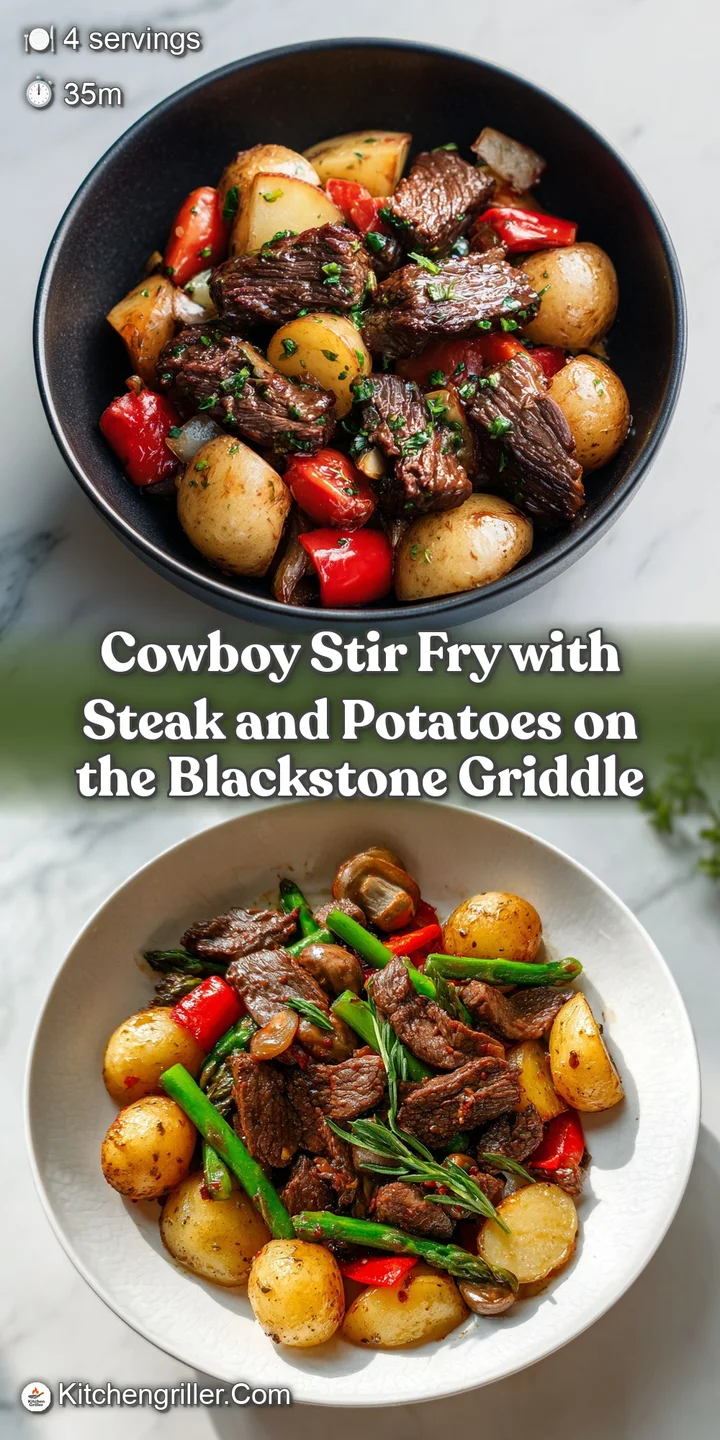 Close-up of tender steak and golden potatoes amidst colorful peppers and onions, glistening with savory sauce, steam risin...