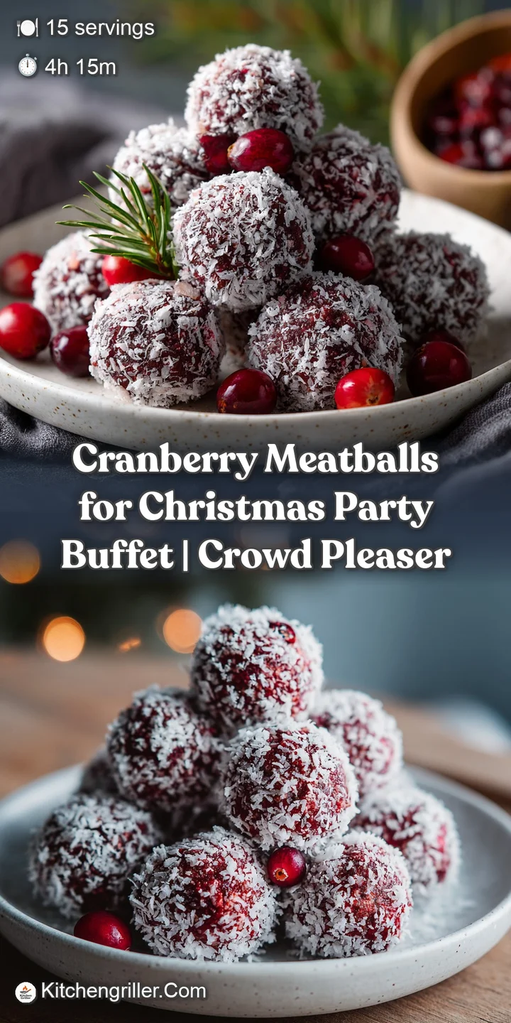 Close-up of glazed cranberry meatballs showcasing their juicy texture and deep red color. Sweet and savory, perfect for ho...