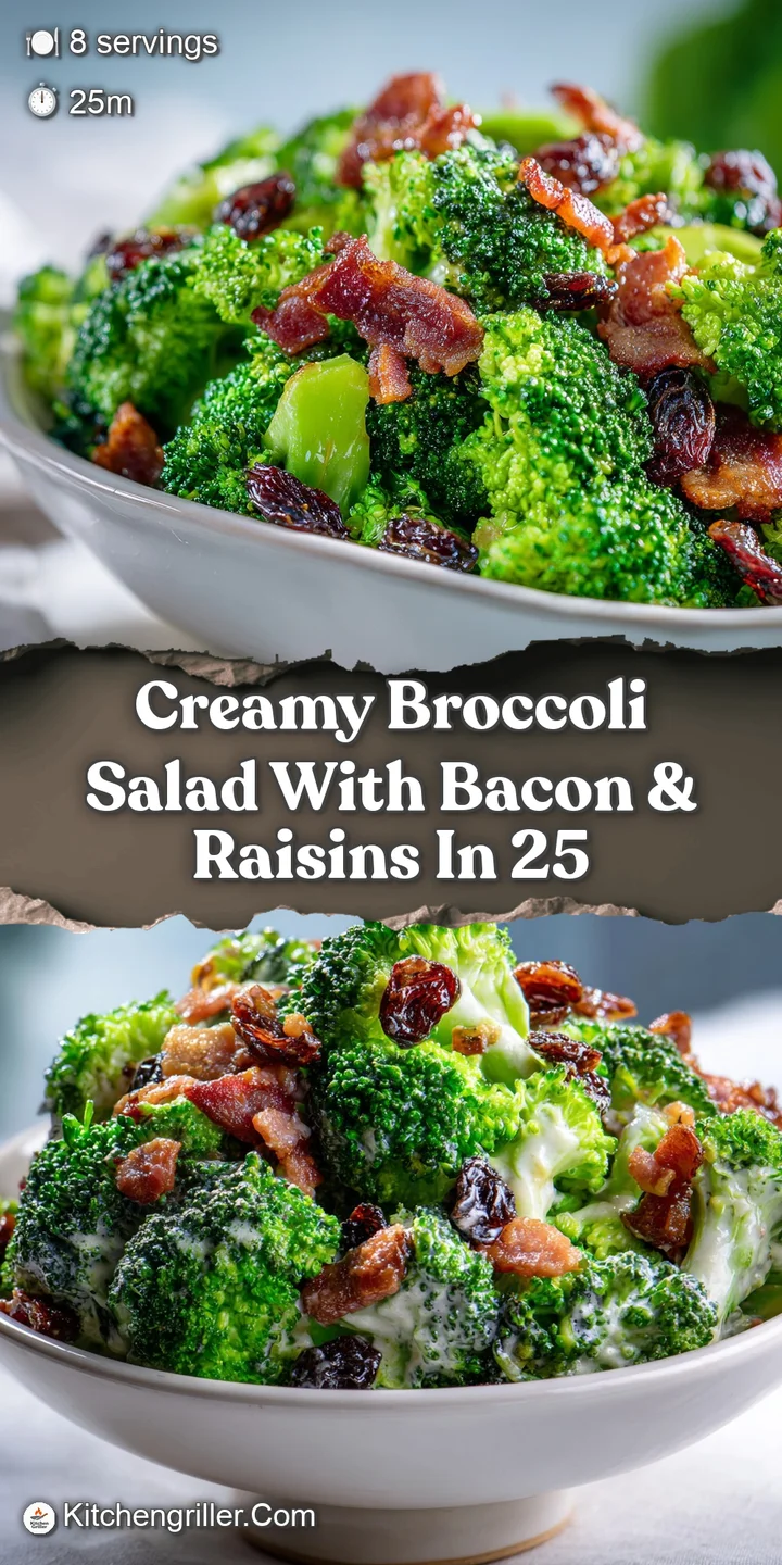 Close-up of creamy broccoli salad highlighting the texture of the florets, crispy bacon bits, and glistening plump raisins...