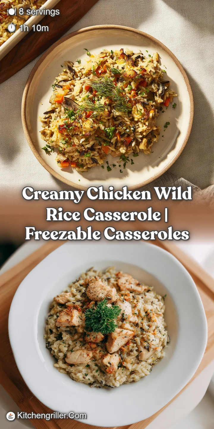 Close-up of a bubbling, creamy chicken and wild rice casserole, showing tender shredded chicken and dark wild rice grains.