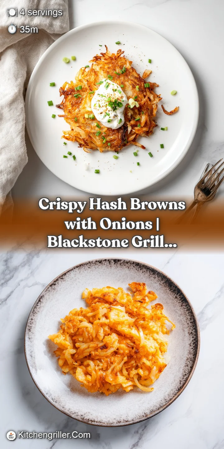 Close-up of a fork piercing crisp, golden hash browns, revealing a fluffy interior with flecks of onion.