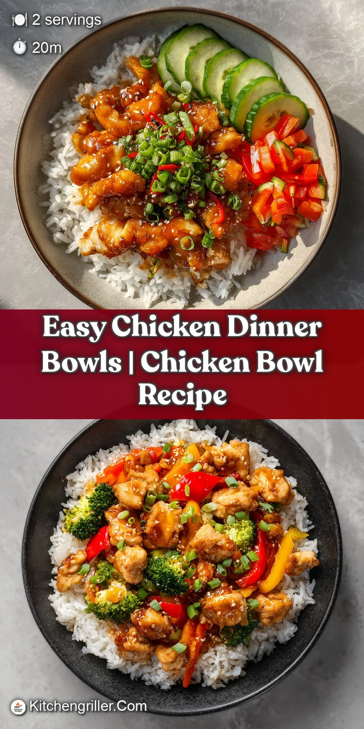 Close-up of a chicken bowl featuring juicy chicken, vibrant green vegetables, and a creamy sauce, highlighting fresh ingre...