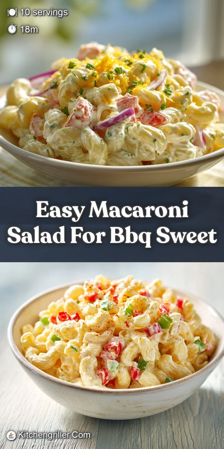 Close-up of macaroni salad. Creamy dressing clings to the pasta. Bright pops of color from peppers and celery add texture.