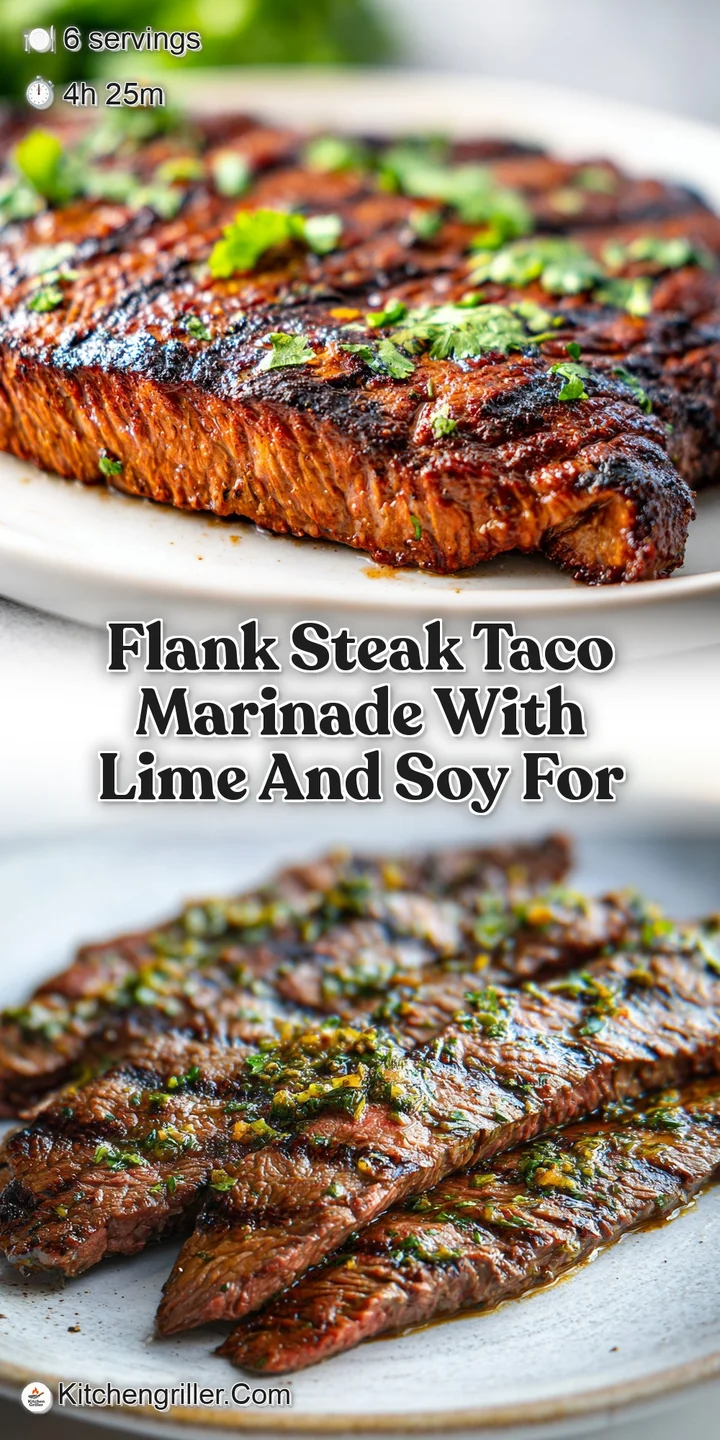 Close-up of glistening grilled flank steak with dark, crusty char marks and visible marbling. Fresh cilantro provides a po...