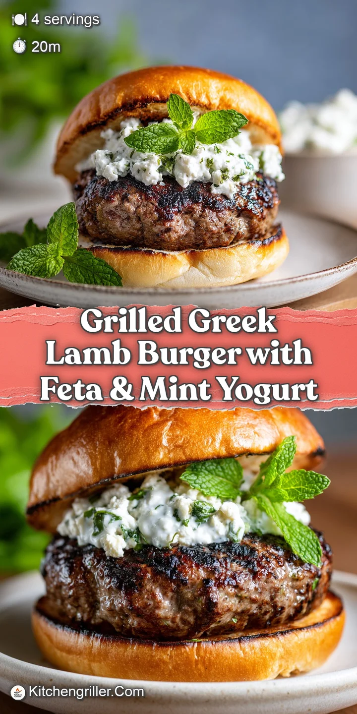 Close-up of a grilled lamb burger, glistening with juices and topped with creamy feta, promising a burst of fresh, Mediter...