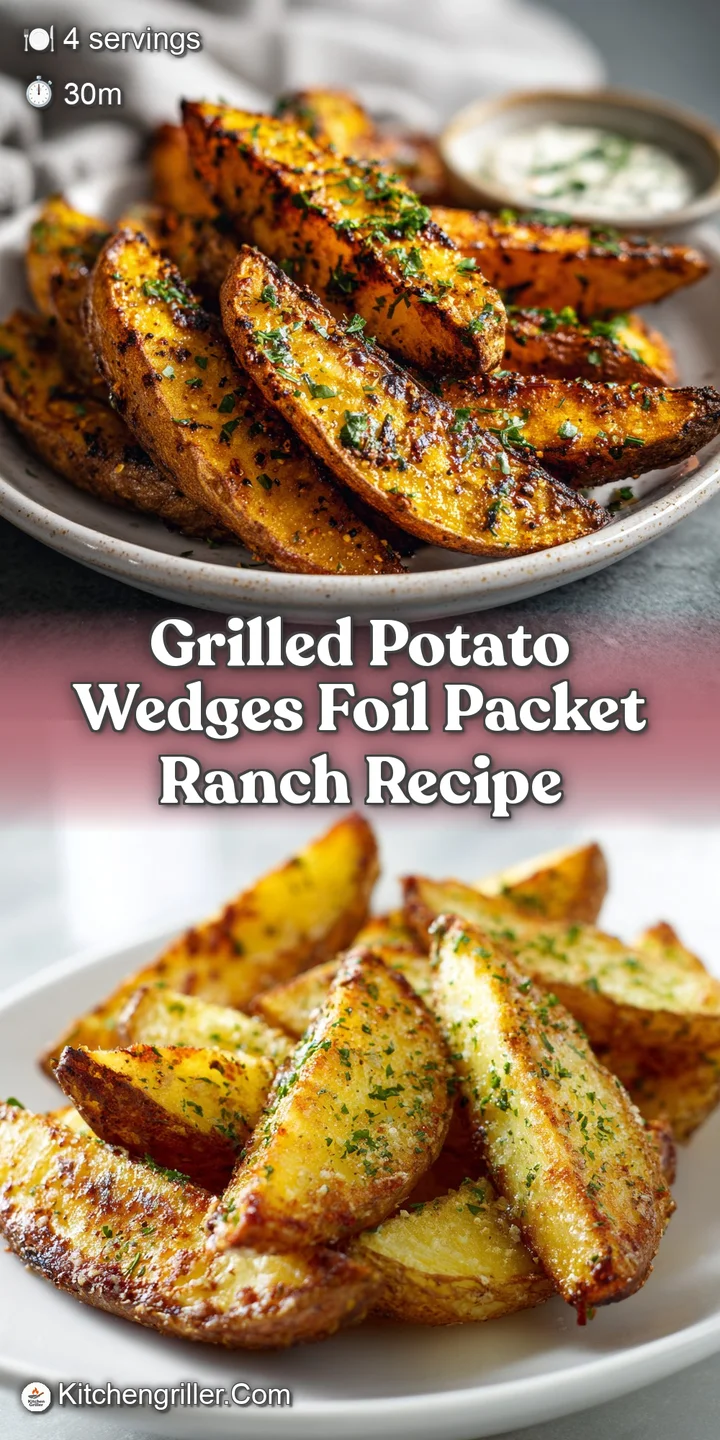 Close-up of potato wedges with charred edges and visible herbs, showing golden color and appealing textures, ready to eat.