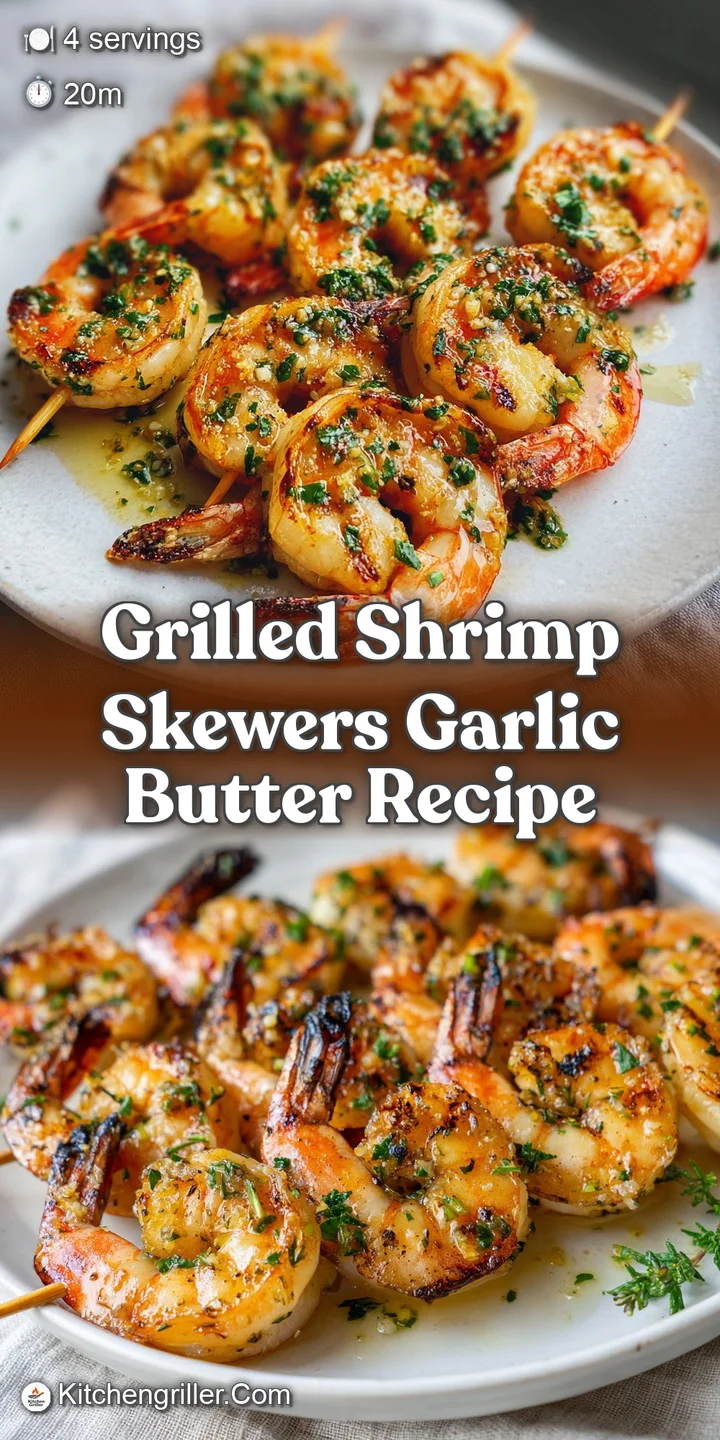 Close-up of charred, juicy grilled shrimp skewers coated in a rich, shimmering garlic butter sauce. Irresistibly appetizing!