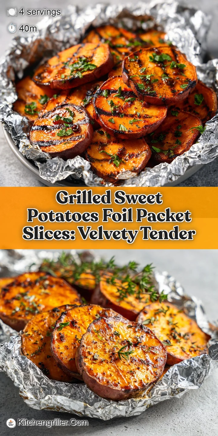 Close-up shows grilled sweet potato's caramelized texture, vibrant orange flesh, herbs, and appealing char marks, foil vis...