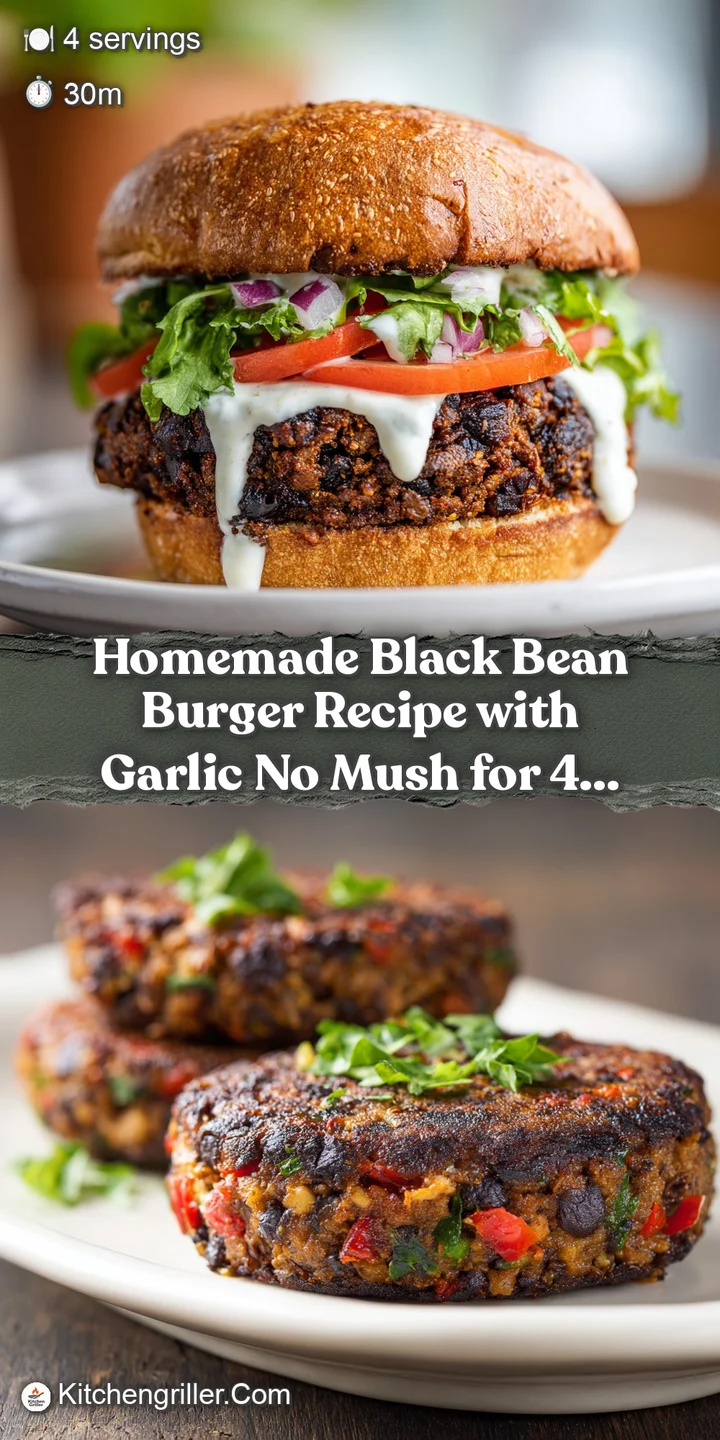 Close-up captures the deep, savory texture of a black bean burger. Toasted bun, fresh toppings promise a flavorful vegetar...