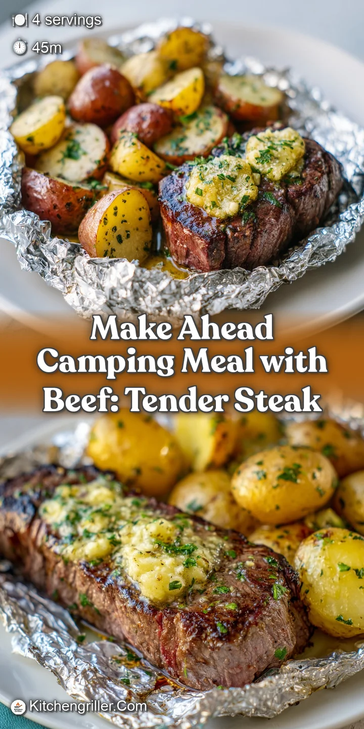 Close-up of savory camping fare with chunks of tender beef and potato, slightly charred onions, and fresh herbs glistening...