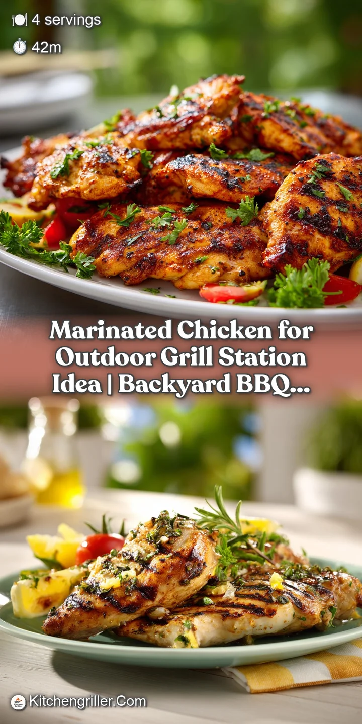 A close-up reveals the smoky char and succulent texture of grilled chicken, catching the light perfectly.