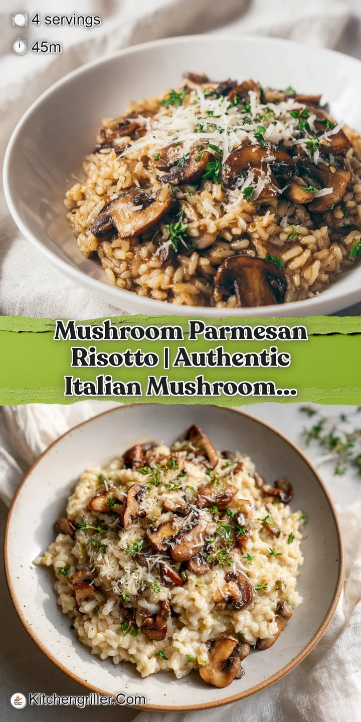 Close-up of al dente rice grains coated in a velvety Parmesan sauce, with tender mushroom slices visible throughout.