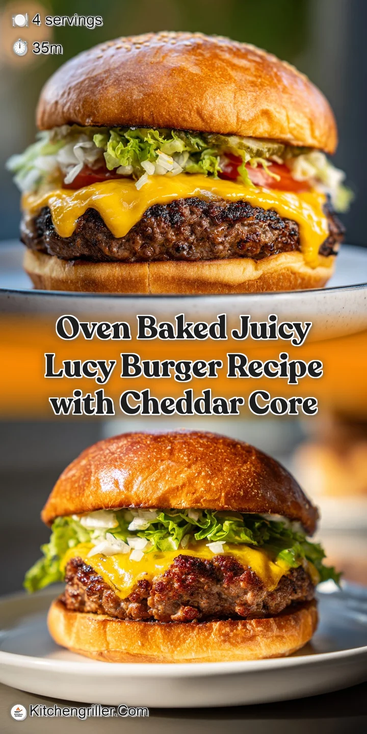 Close-up of a Juicy Lucy: molten cheese bursting from the perfectly browned patty, with a glimpse of fresh toppings peekin...