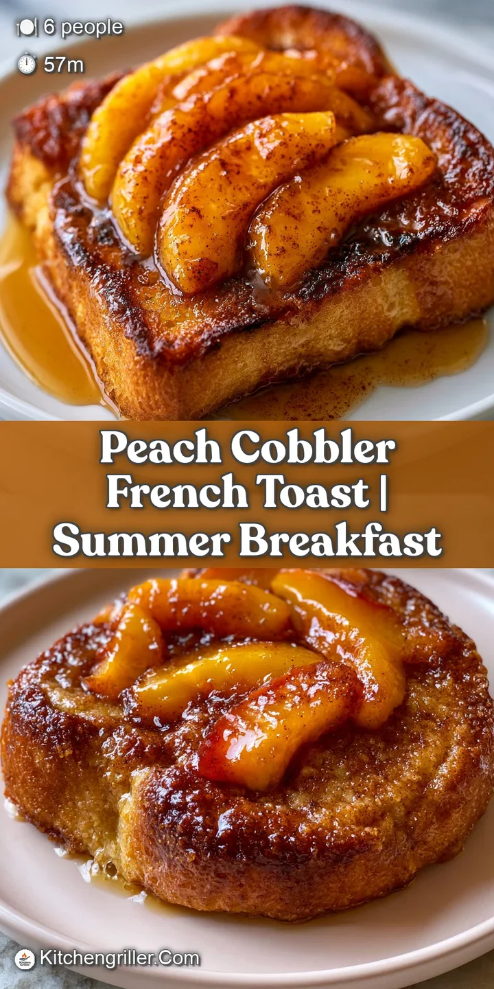 Close-up of juicy, orange peach slices and glistening syrup dripping down a crisp, golden-brown crust of bread.