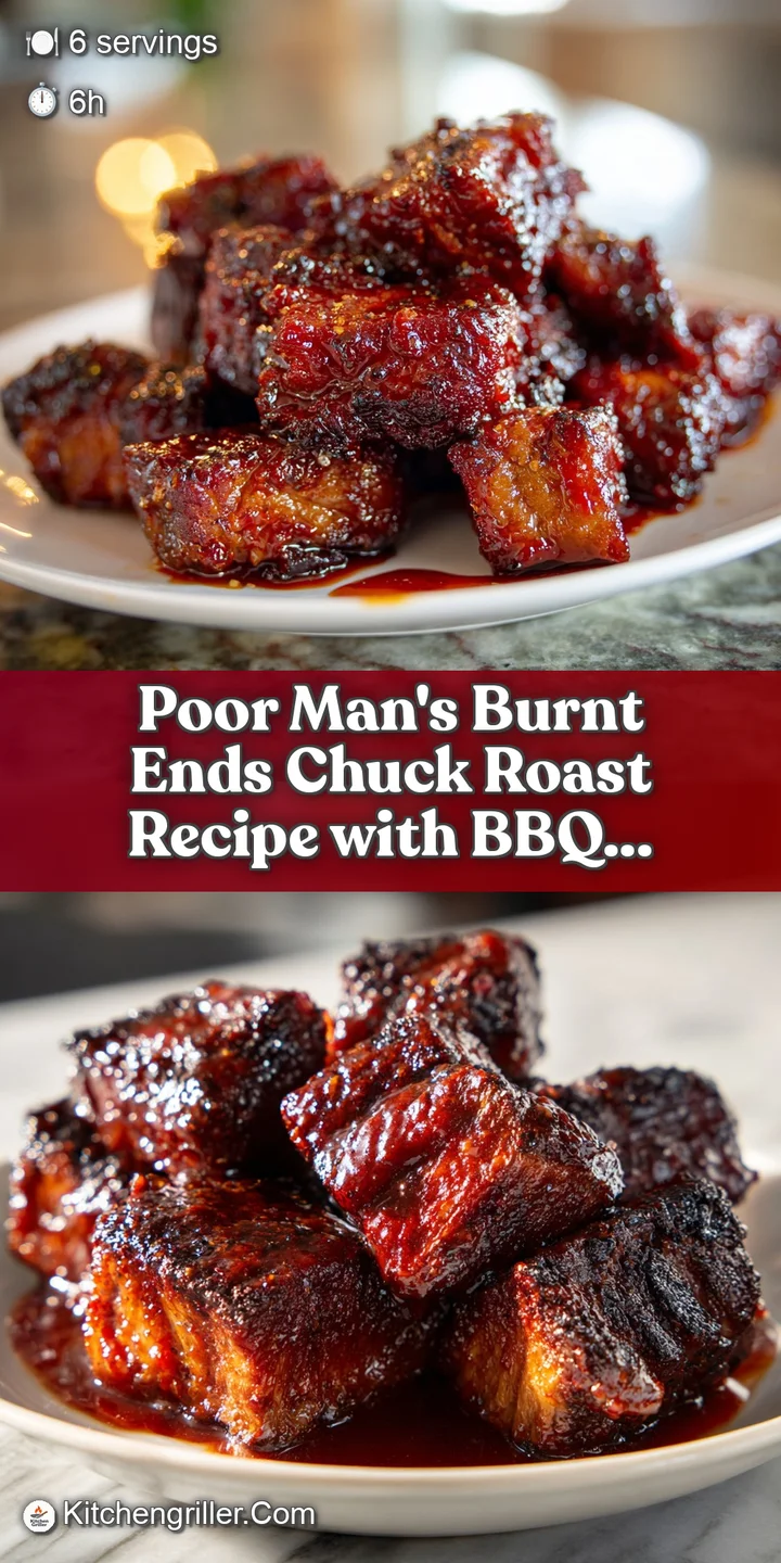 Close-up of glistening, dark 'burnt ends' of chuck roast, highlighting the caramelized crust and tender, pull-apart textur...