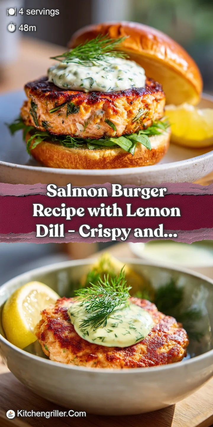Close-up shot of a juicy salmon burger highlighting its flaky texture, bright lemon-dill sauce, and toasted bun, inviting ...