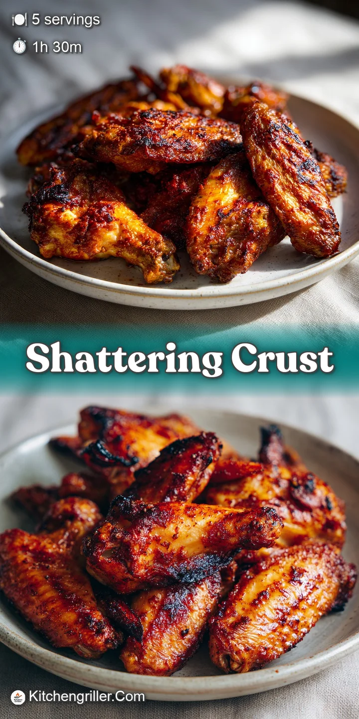 Close-up of juicy smoked chicken wing. Crispy, golden-brown skin shimmers with rendered fat and flavorful spice blend. Irr...