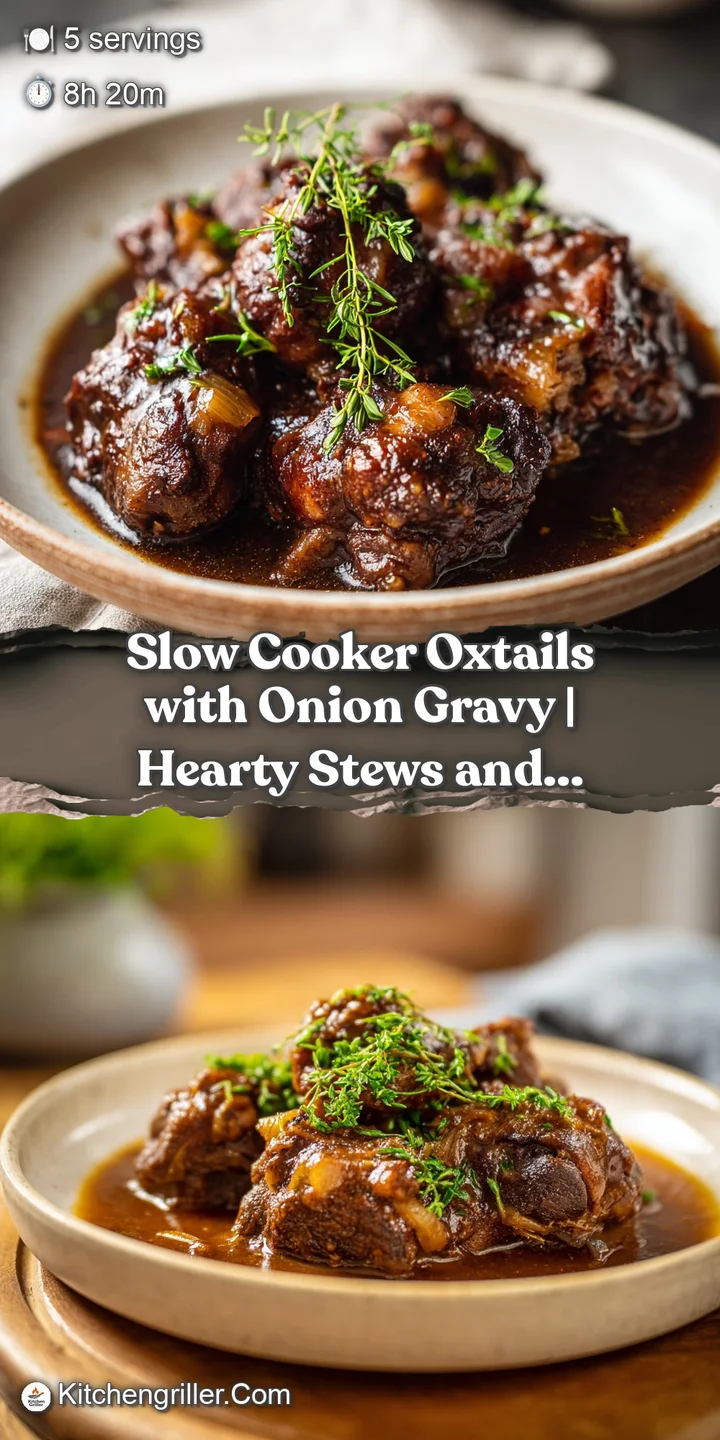 Juicy, fork-tender oxtails with a deep brown crust, swimming in a velvety, onion-infused gravy, a comforting close-up.
