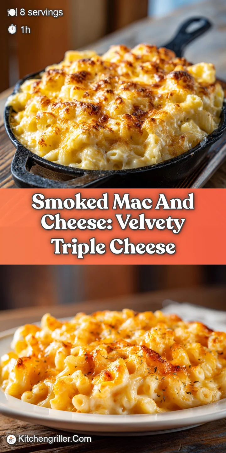 Close-up of creamy smoked mac and cheese: golden, bubbly cheese with toasted breadcrumbs and a hint of fresh herbs.