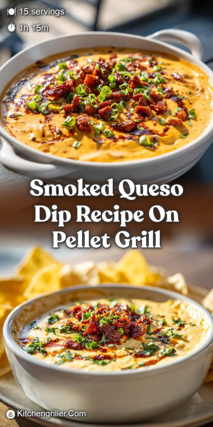 Close-up of gooey smoked queso dip, swirls of melted cheese, flecks of paprika, and steam rising, inviting and full of sav...