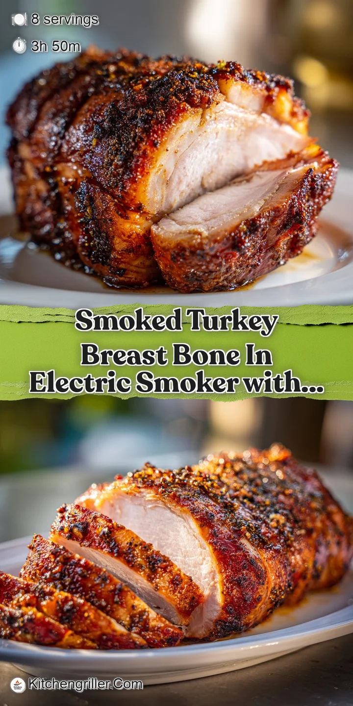 Close-up of carved smoked turkey. Dark, smoky crust gives way to juicy, light meat. Steam suggests it's freshly cut.