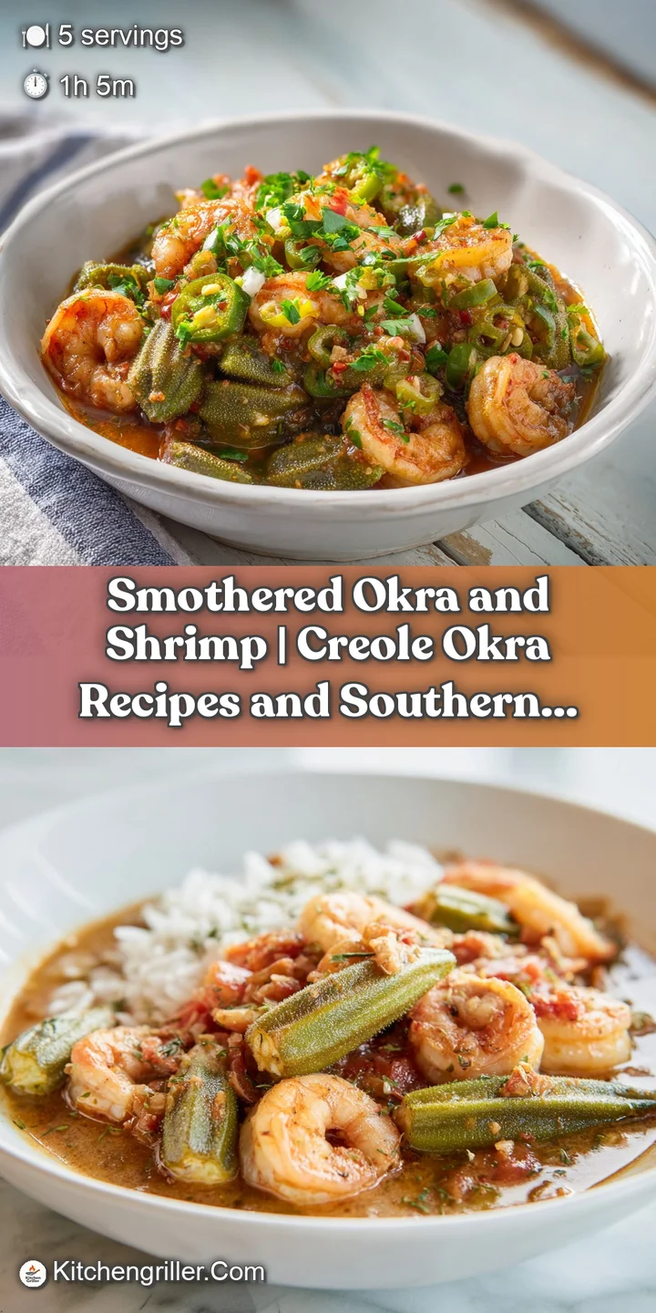 Close-up of tender shrimp and okra swimming in a deep, savory sauce, with a hint of spice.