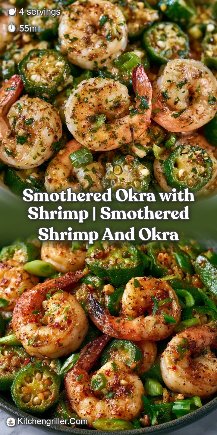 A close-up of succulent shrimp and sliced okra coated in a shimmering brown sauce with flecks of fresh herbs.