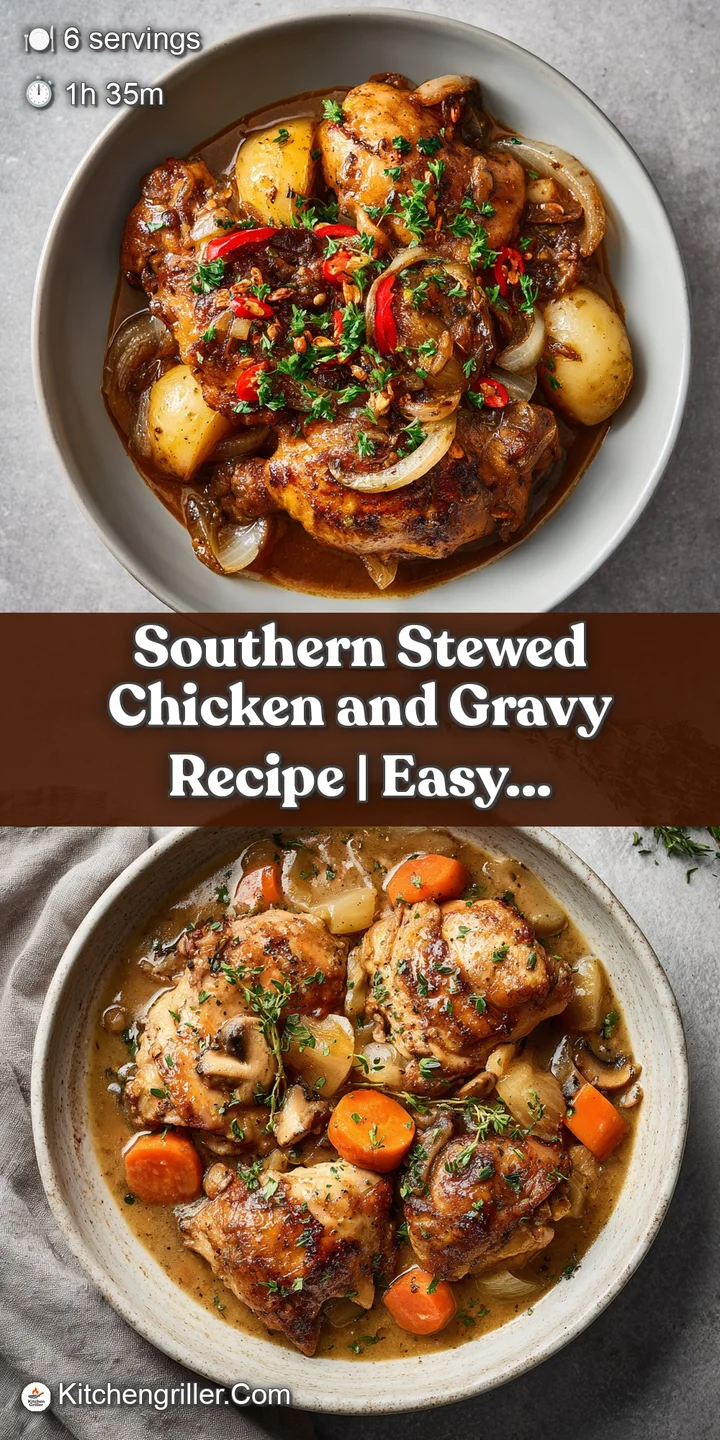 Close-up of glistening, slow-cooked chicken thighs submerged in a velvety, pale brown gravy, hinting at warmth.