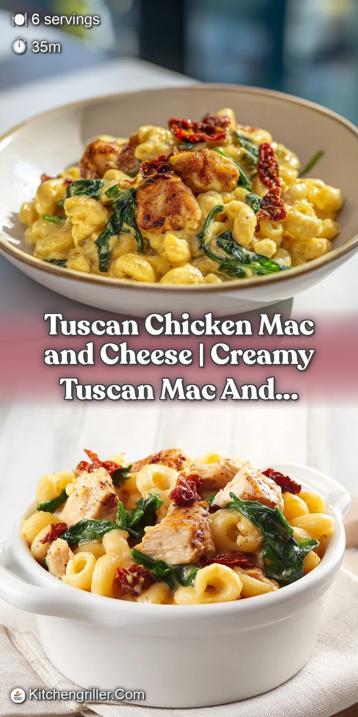 Close-up of silky golden cheese sauce coating tender chicken and pasta with pops of red sun-dried tomatoes.