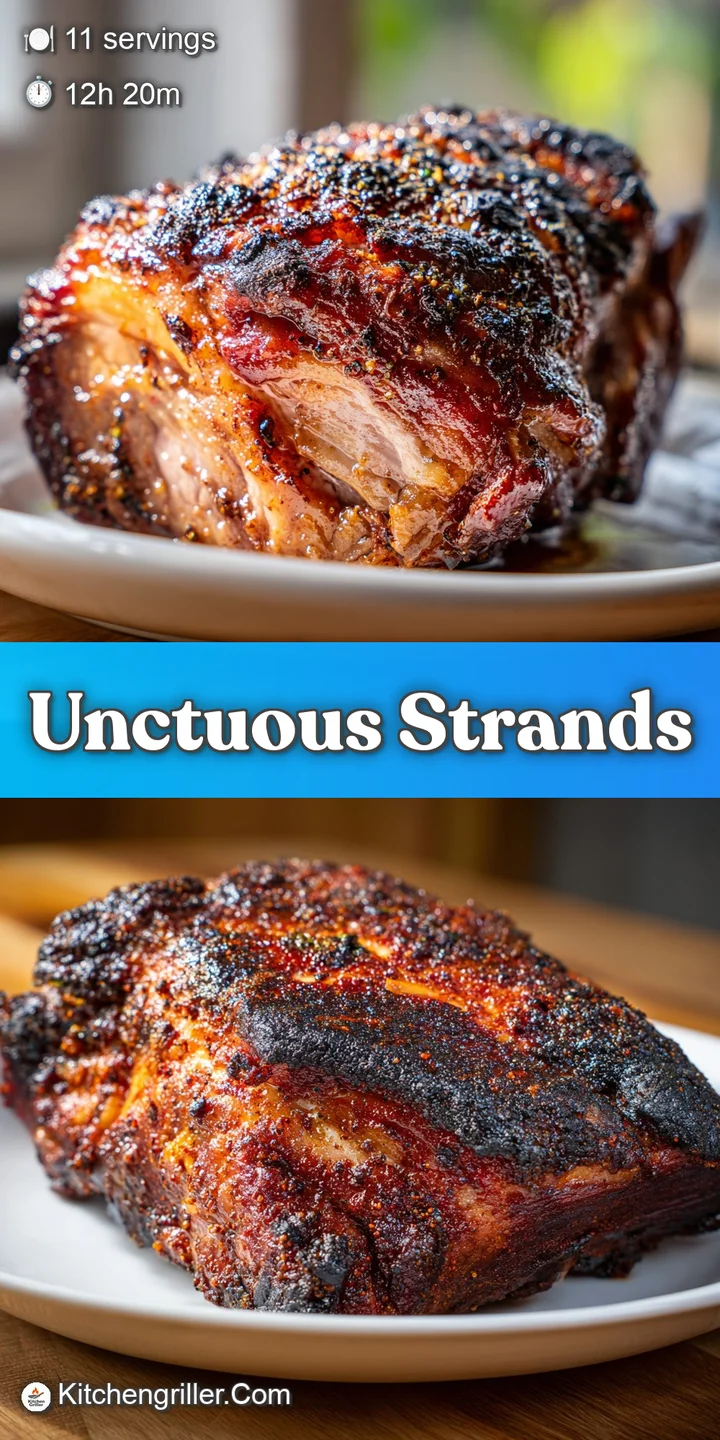 Close-up of juicy, smoky pulled pork. Irresistible strands with a rich, dark crust. Notice the tender, moist texture.