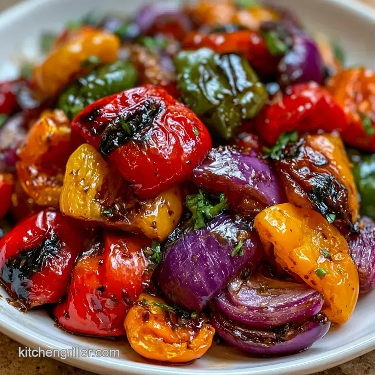 Vibrant grilled pepper strips arranged elegantly on a slate platter with drips of dark balsamic reduction