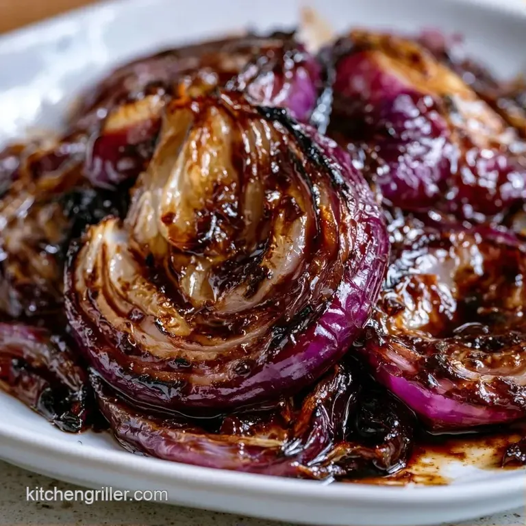 Sliced purple onion rounds with caramelized edges and a dark glossy drizzle, arranged neatly on a ceramic platter.
