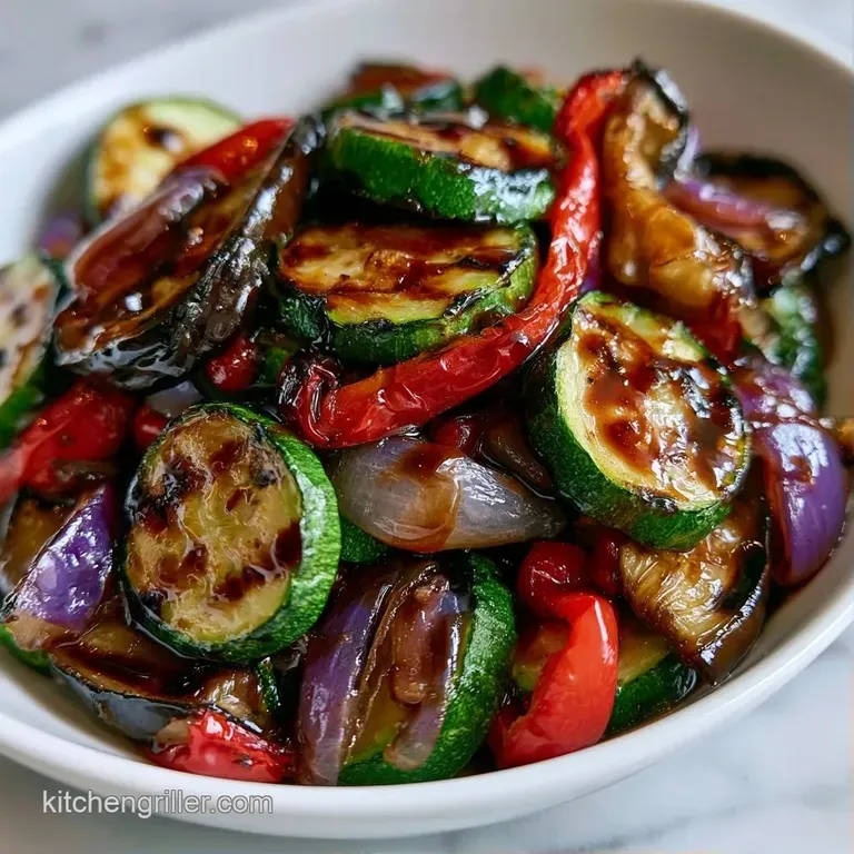 Charred zucchini and colorful bell peppers arranged elegantly on a ceramic plate with a drizzle of balsamic glaze.