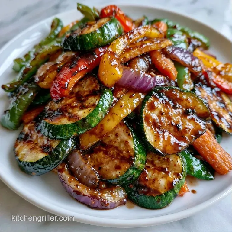 Artfully plated grilled summer vegetables on a white platter, drizzled with balsamic and topped with fresh parsley.