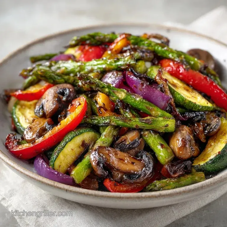An elegant stack of charred zucchini and red peppers topped with fresh parsley on a clean white porcelain plate.